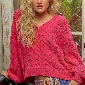 POL Vibrant Pink Cable Knot V-Neck Sweater